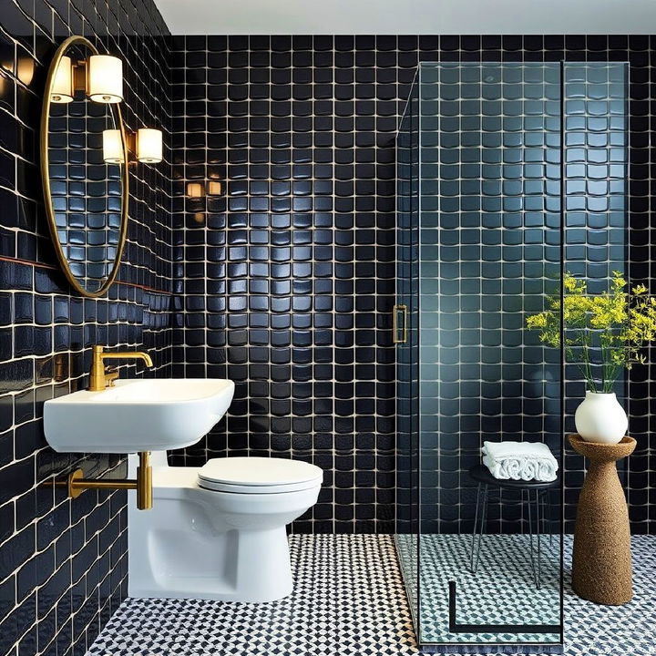 metallic black tiles bathroom idea