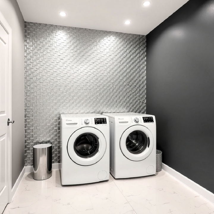 metallic tiles accent wall for laundry room