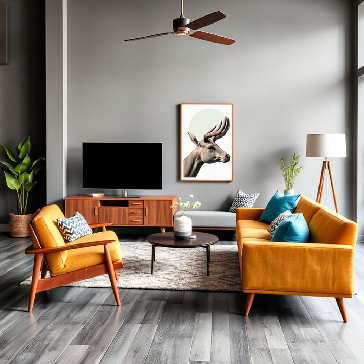 mid century modern elements with grey floor