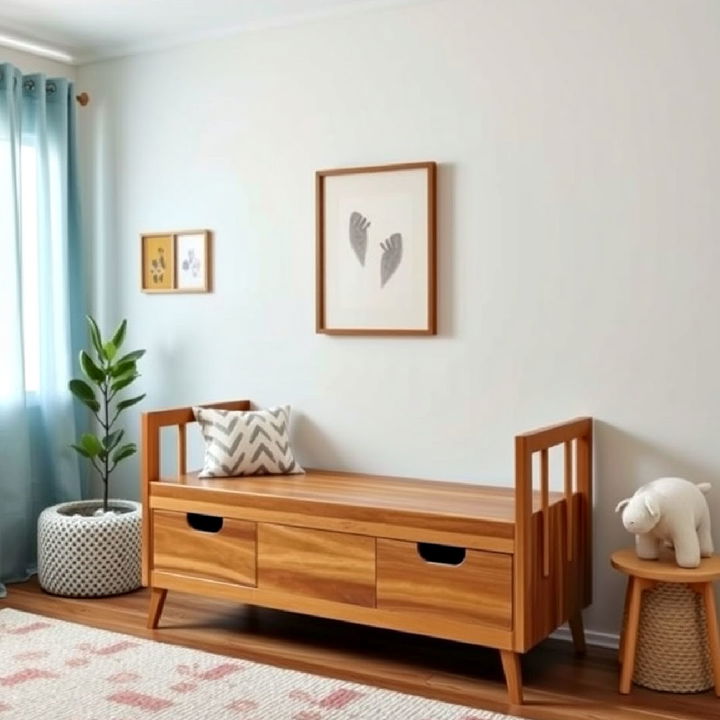 mid century modern low wooden bench with built in storage