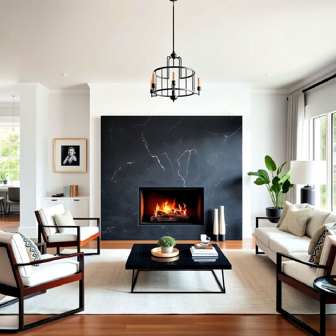minimalist and sleek black soapstone fireplace