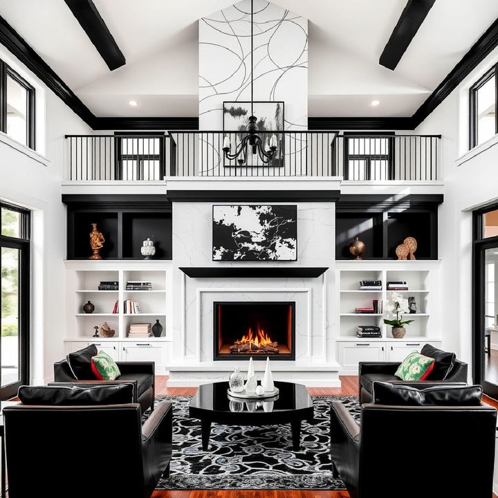 minimalist black and white fireplace