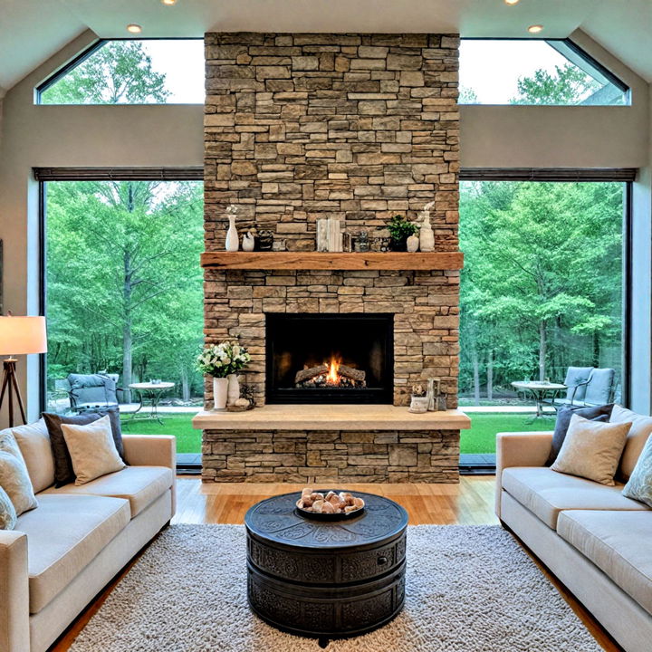 minimalist built in fireplace with picture windows