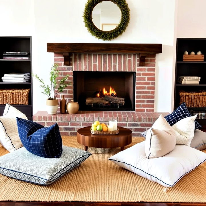 minimalist floor cushions as fireplace setting