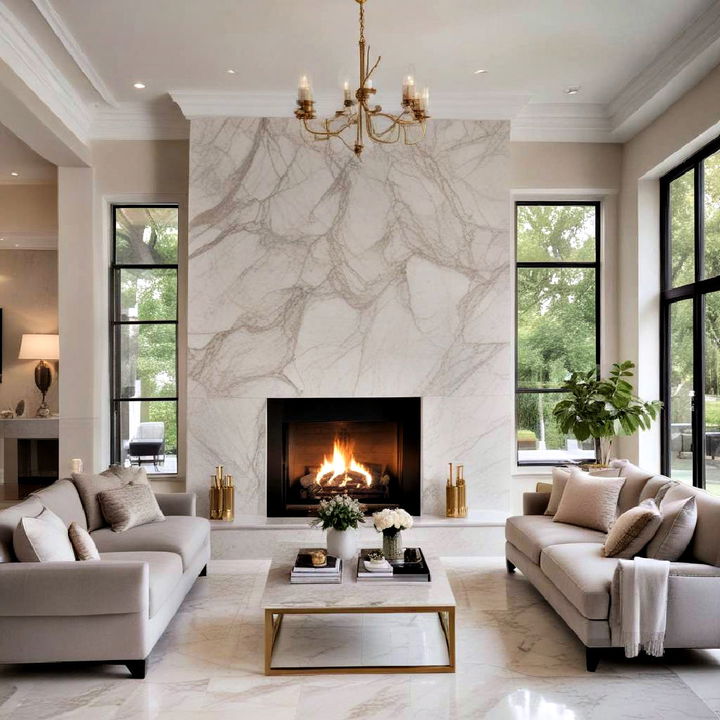 minimalist floor to ceiling marble fireplace