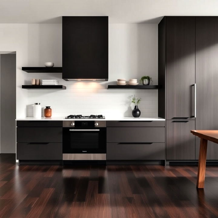 minimalist kitchen with dark wood floor