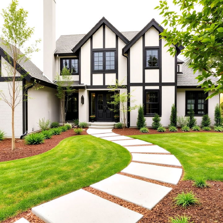 minimalist landscaping for a refined tudor exterior