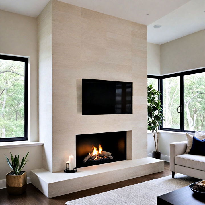 minimalist white limestone fireplace