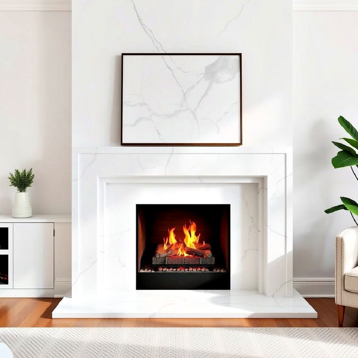 minimalist white marble fireplace