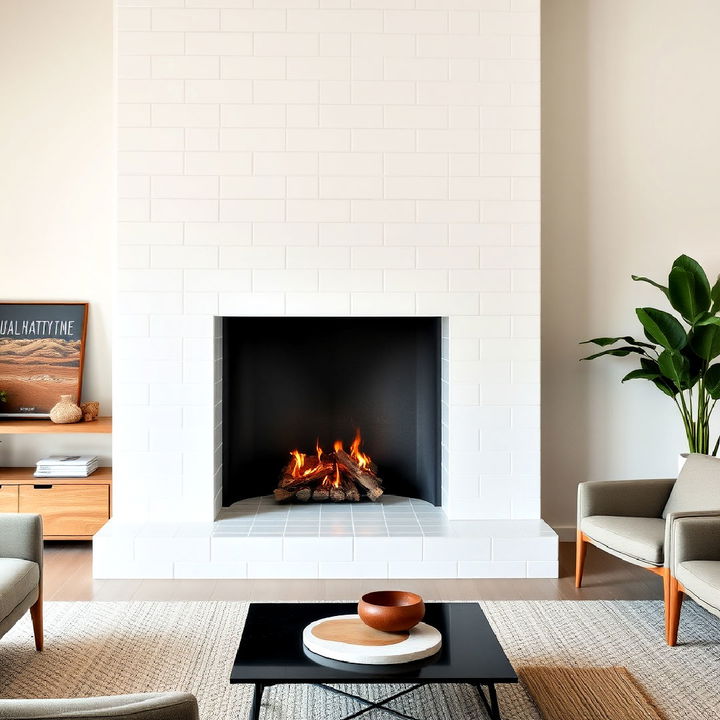 minimalist white tiles for fireplace to shine as the central feature