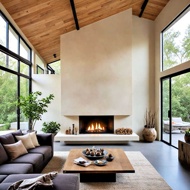 minimalist zen style two story fireplace