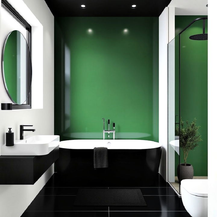 minimalistic black and white bathroom with a green feature wall