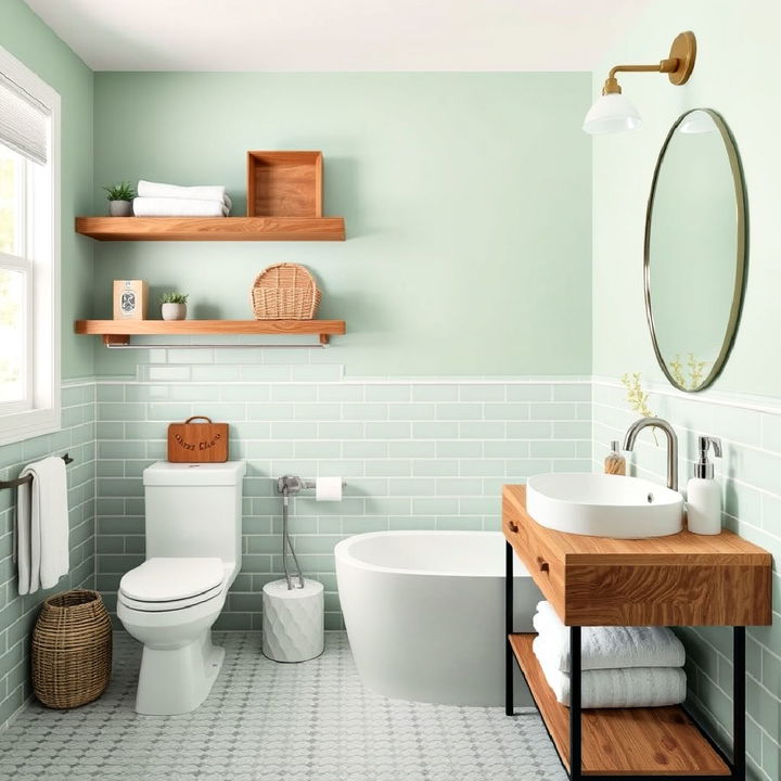 mint green and wood accents for bathroom