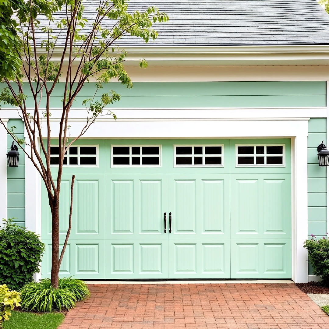 mint green with white trim for garage door