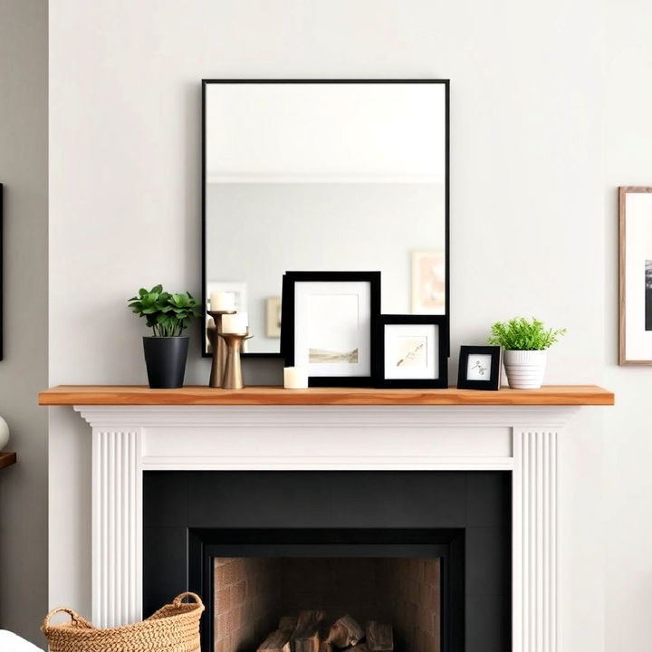 mirror with a built in shelf above the fireplace