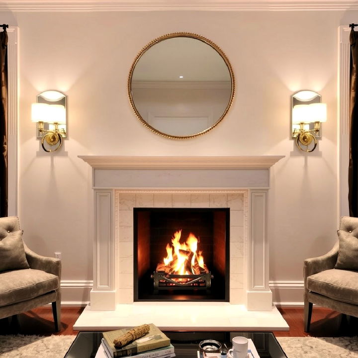 mirrored sconces to add glamour to a fireplace