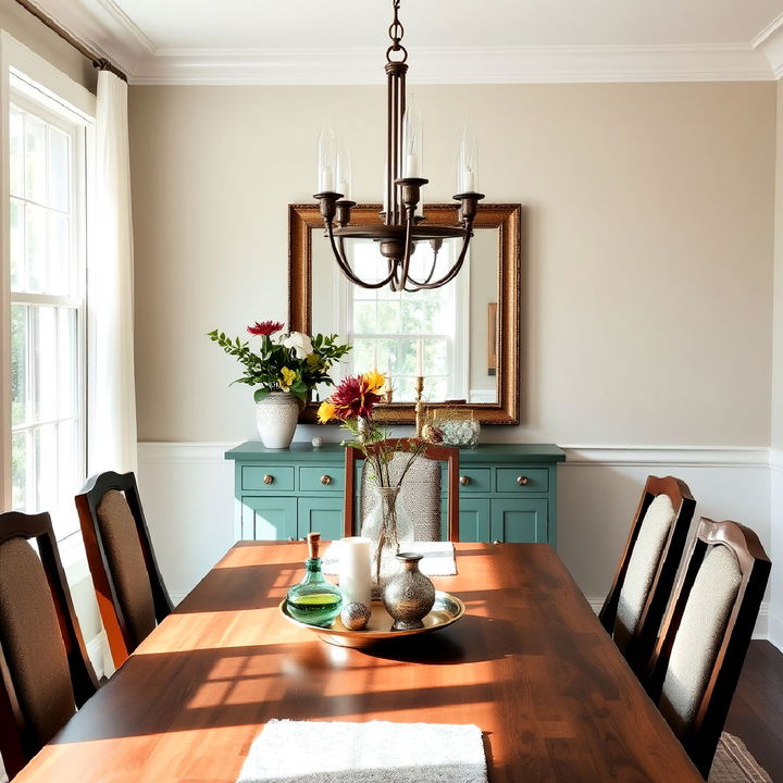 mirrored wall opposite windows for dining room