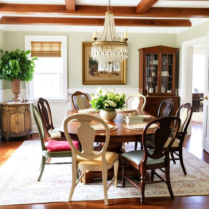 mismatched antique chairs for dining room