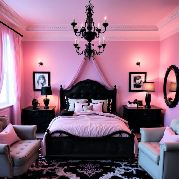 mix soft pastels with dark accents goth bedroom