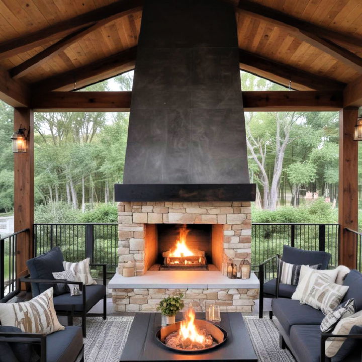 mixed material marvel covered deck with fireplace