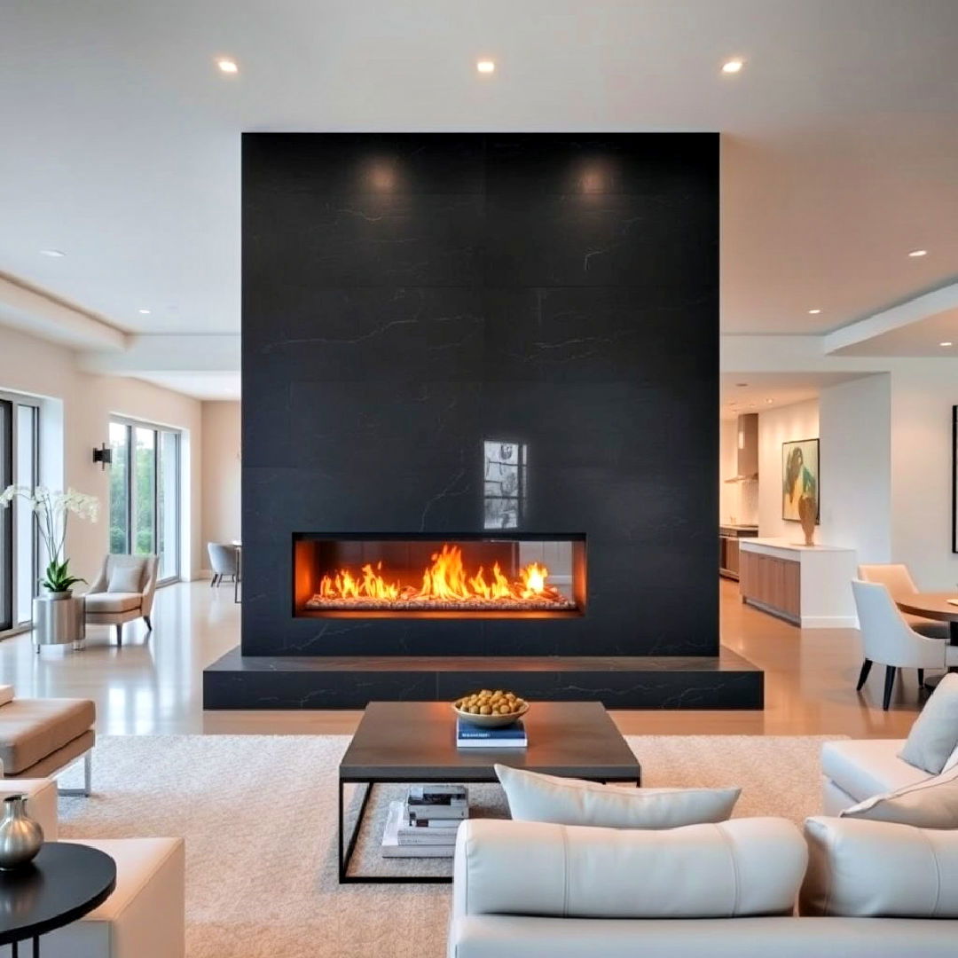 modern and dramatic two sided black stone fireplace