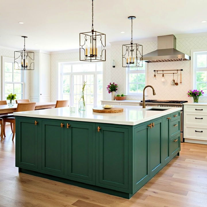 modern and traditional dark green kitchen island