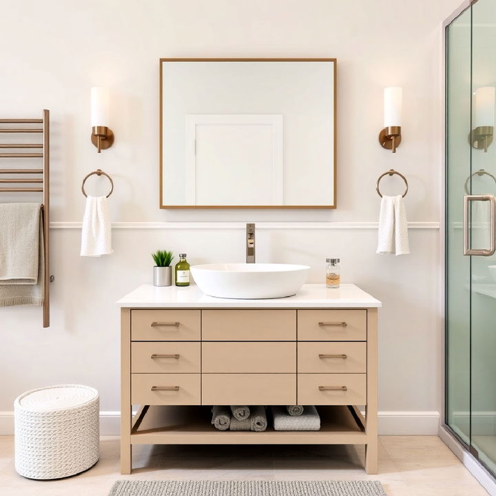 modern beige vanity with white vessel sink