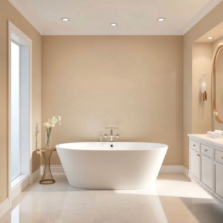 modern beige walls with white freestanding tub