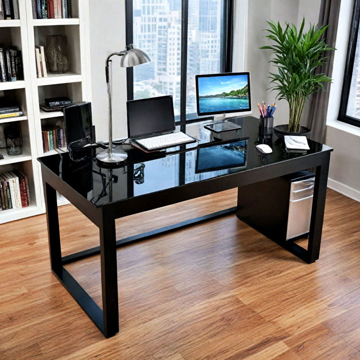 modern black glass desk for dark home office