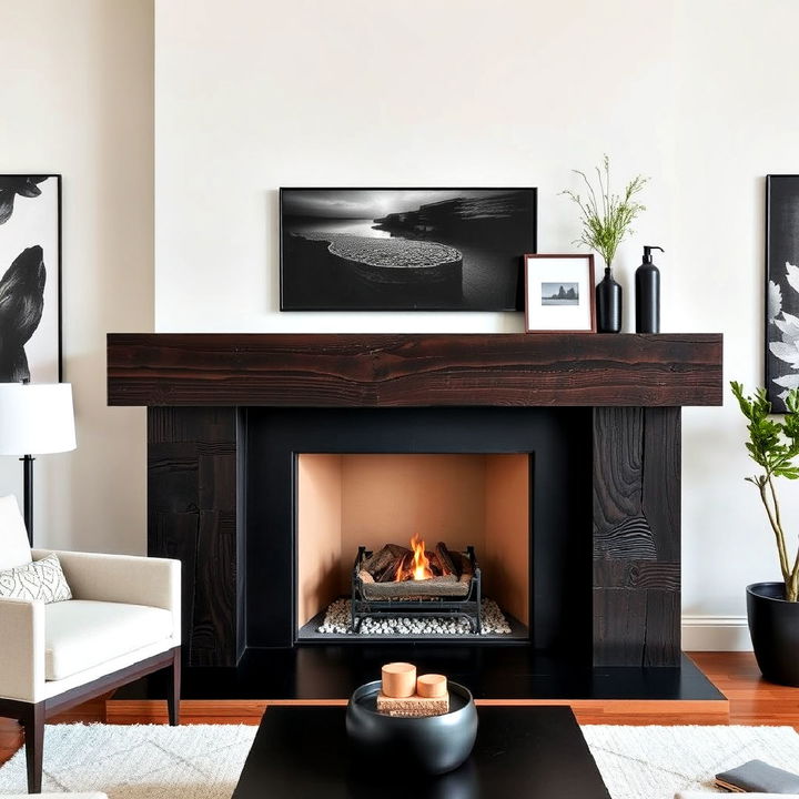 modern blackened wood mantel