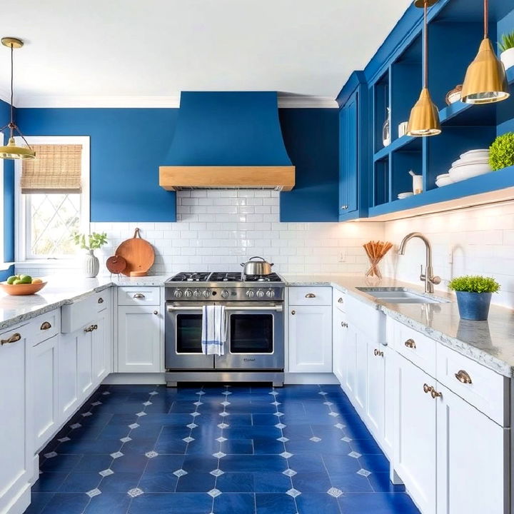 modern blue tile flooring for kitchen