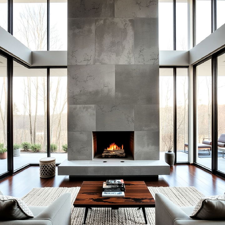 modern concrete fireplace between full height windows