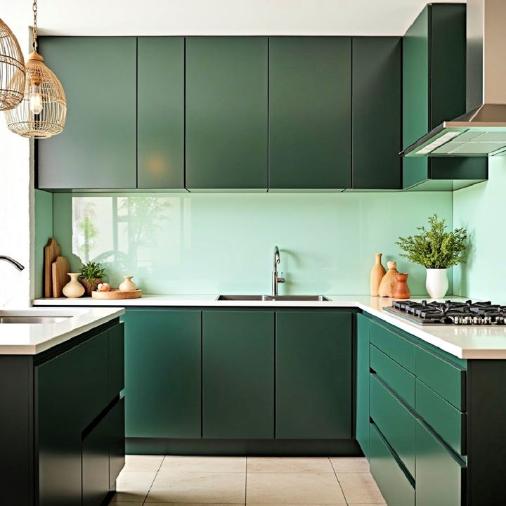 modern dark green cabinets with glass backsplash