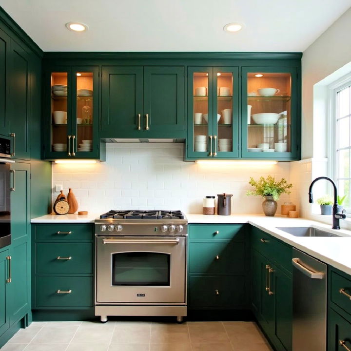 modern dark green cabinets with glass fronts