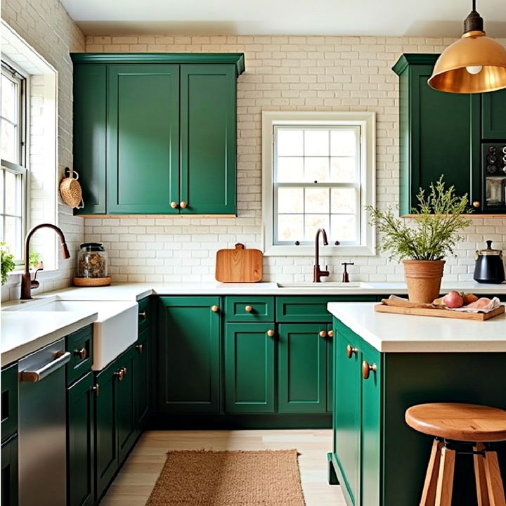 modern dark green kitchen with whitewashed brick