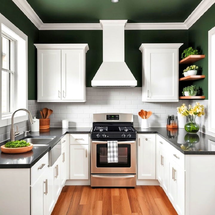 modern dark green walls with white cabinets