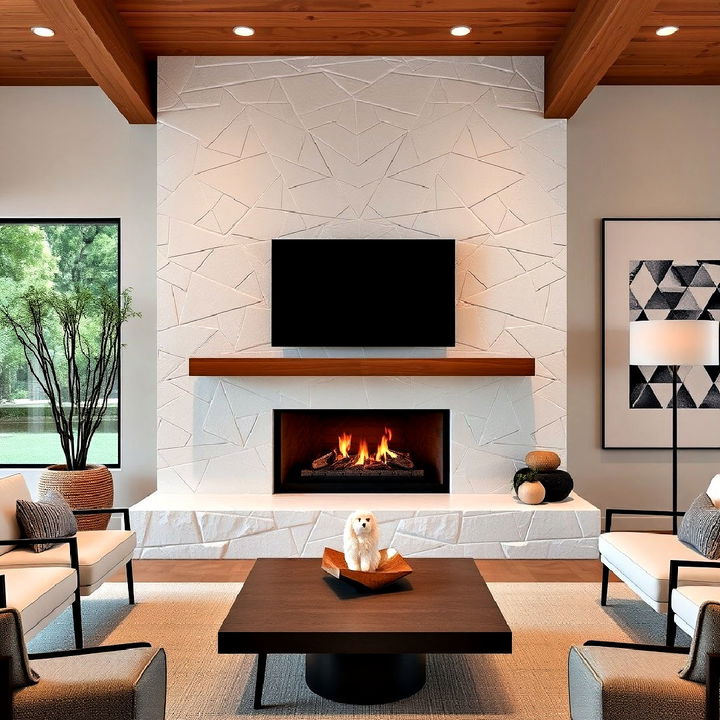 modern geometric white stone fireplace