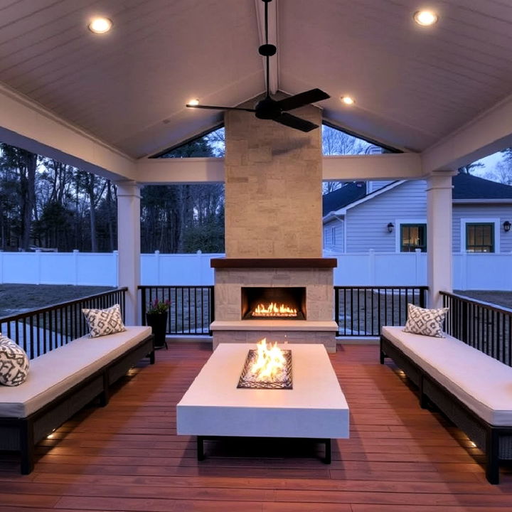 modern minimalist deck with fireplace