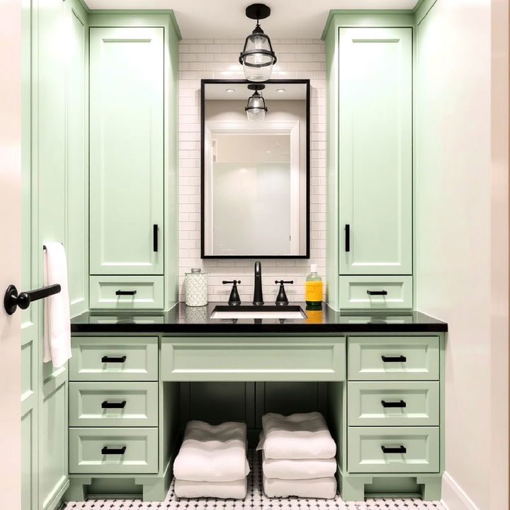 modern mint green cabinets with black hardware