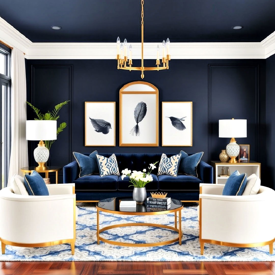 modern navy and gold accents for living room
