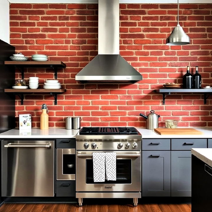 modern red brick kitchen with metal accents