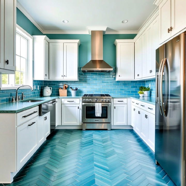 modern teal tile flooring for kitchen