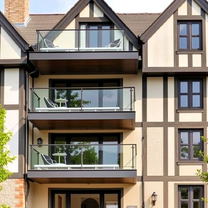 modern tudor exterior with floating balconies