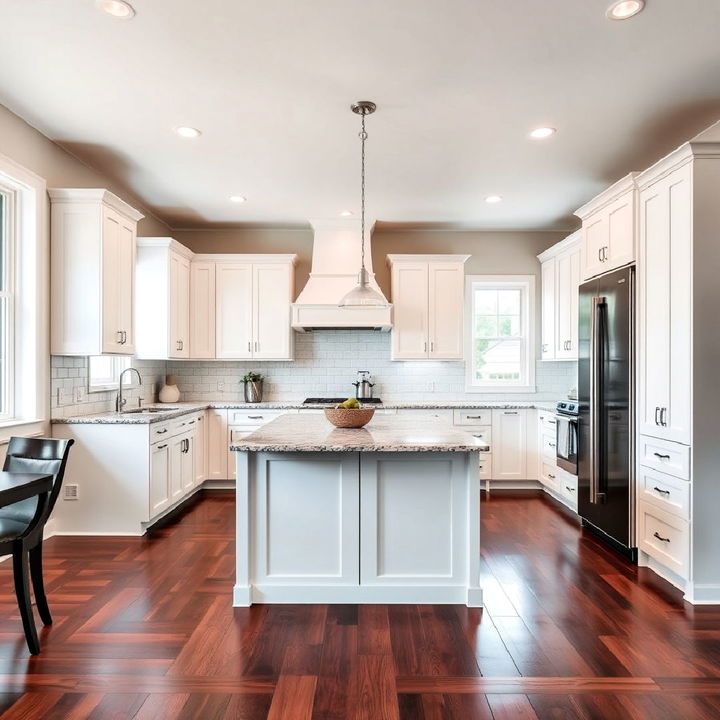 modern white cabinets with dark wood flooring