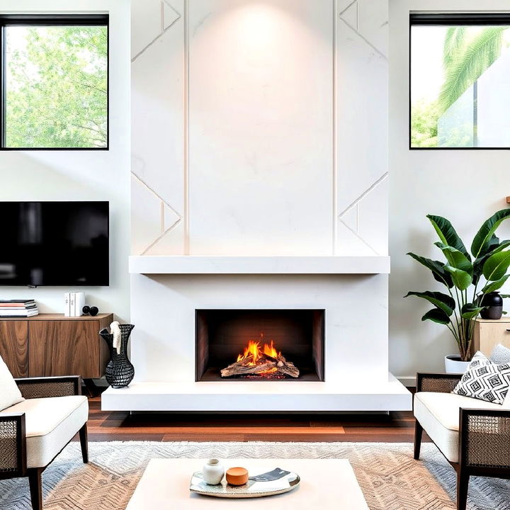 modern white concrete fireplace with geometric designs