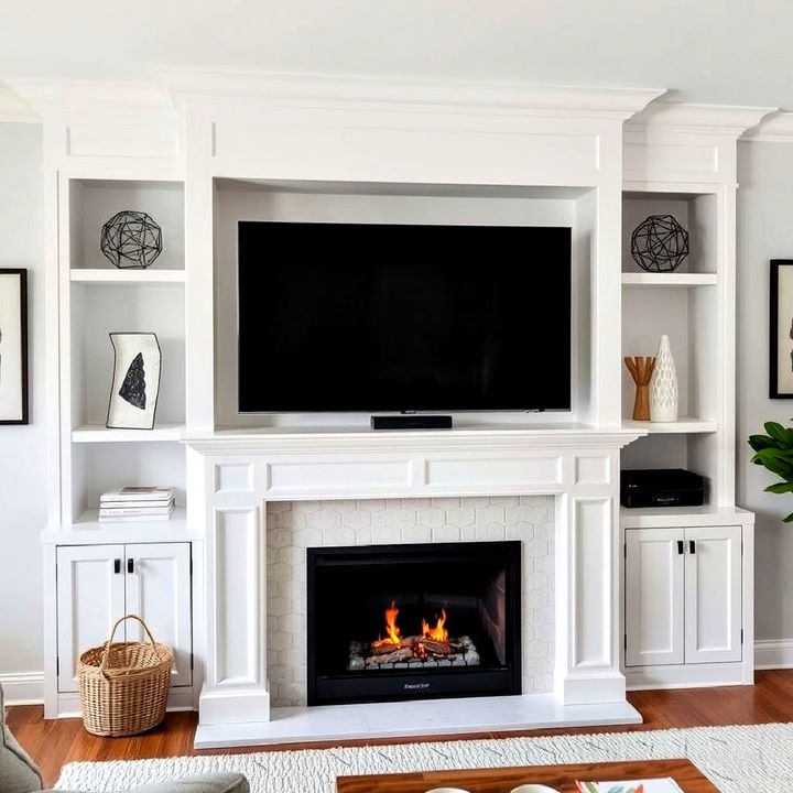 modern white fireplace with built in tv nook