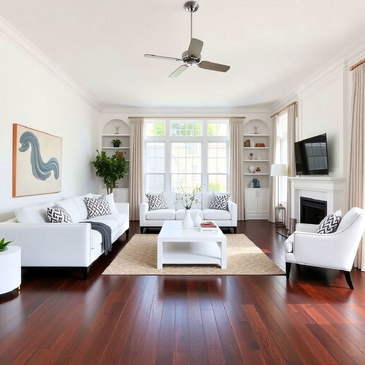 modern white furniture with dark brown floor