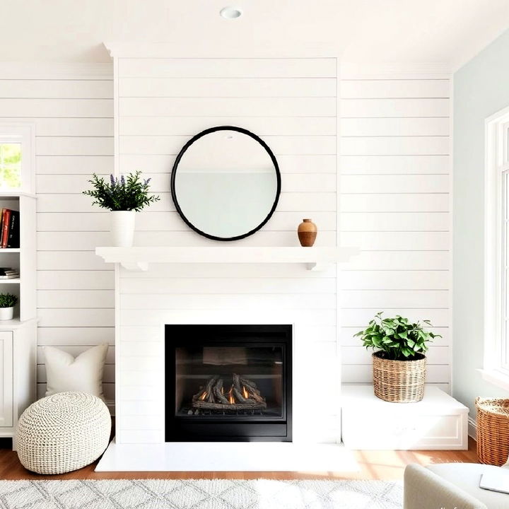 modern white shiplap surround fireplace