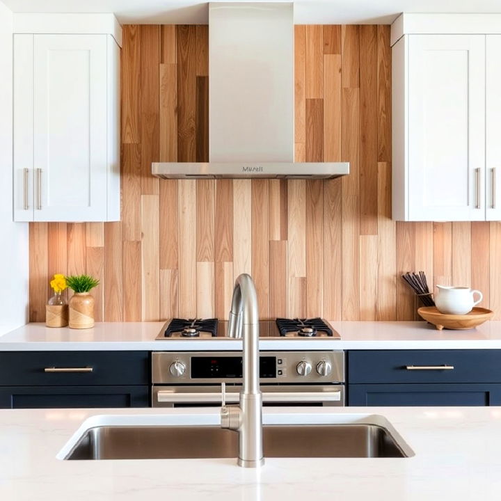 modern wood plank backsplash for kitchen