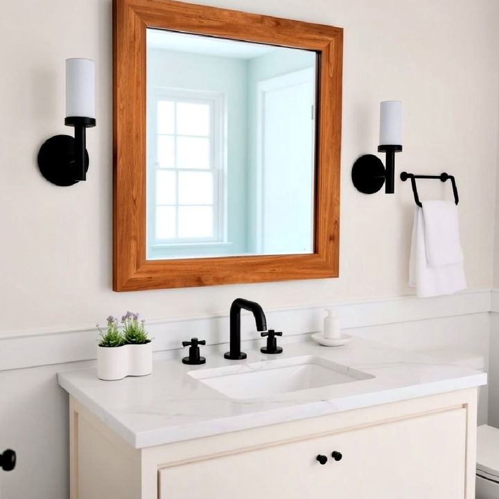 modern wooden framed mirror with black fixtures